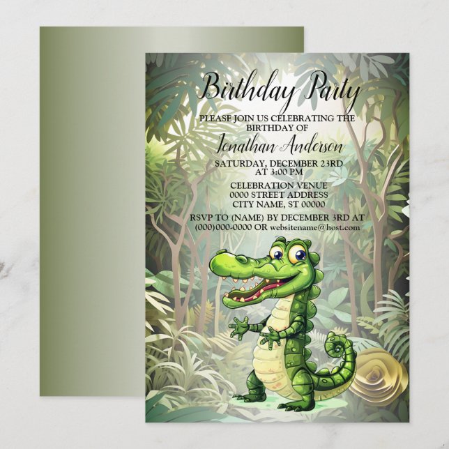 Invitación Fiesta de Cumpleaños Feliz dulce jungla de cocodri (Anverso / Reverso)