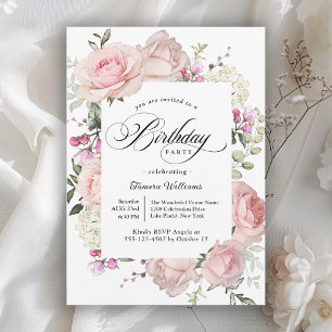 Invitación Fiesta de cumpleaños femenina con caligrafía flora