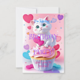 Invitación Fiesta de Cumpleaños Femenina con Gatito Blanco y 