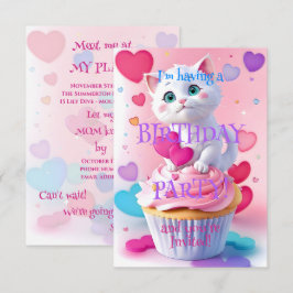 Invitación Fiesta de Cumpleaños Femenina con Gatito Blanco y