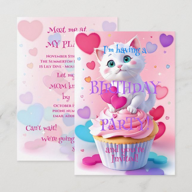 Invitación Fiesta de Cumpleaños Femenina con Gatito Blanco y  (Anverso / Reverso)