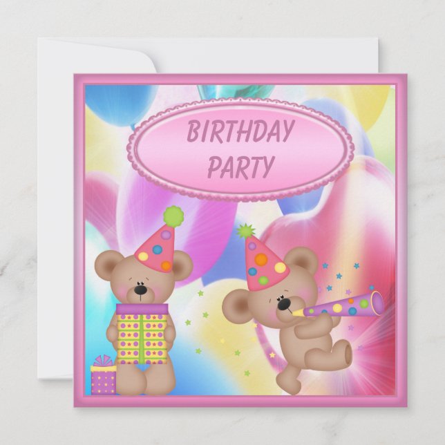 Invitación Fiesta de cumpleaños femenina linda de los osos de (Anverso)