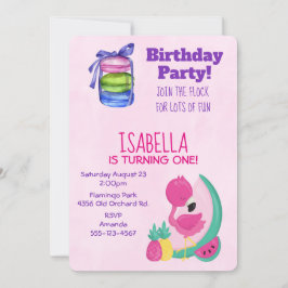 Invitación Fiesta de Cumpleaños Flamenco Rosa con Frutas y Ma
