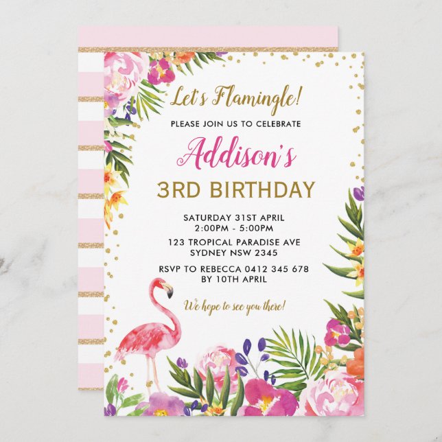 Invitación Fiesta de cumpleaños Flamingo Floral de verano tro (Anverso / Reverso)