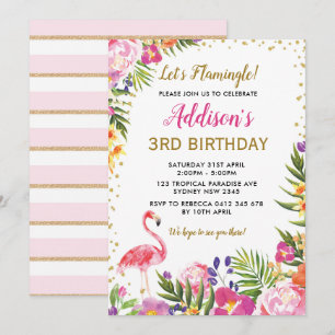 Invitación Fiesta de cumpleaños Flamingo Floral de verano tro
