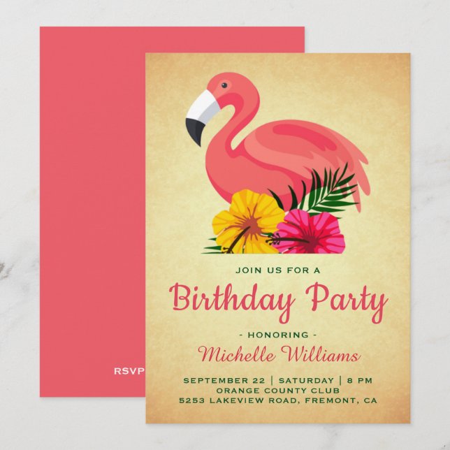 Invitación Fiesta de Cumpleaños Flamingo Floral Rústico Vinta (Anverso / Reverso)