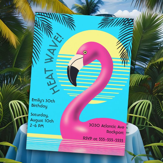 Invitación Fiesta de cumpleaños Flamingo Retro de verano rosa (Hot pink flamingo themed birthday party invitation for a Summer outdoor pool party. Colorful Retro!)