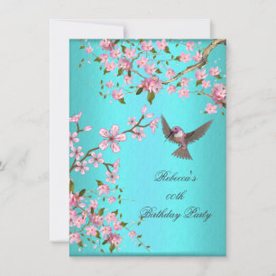 Invitación Fiesta de Cumpleaños Flor de Cerezo Rosa Azul Verd