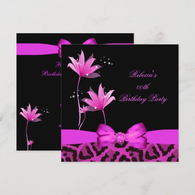 Invitación Fiesta de Cumpleaños Flor de Leopardo Rosa Brillan (Anverso / Reverso)