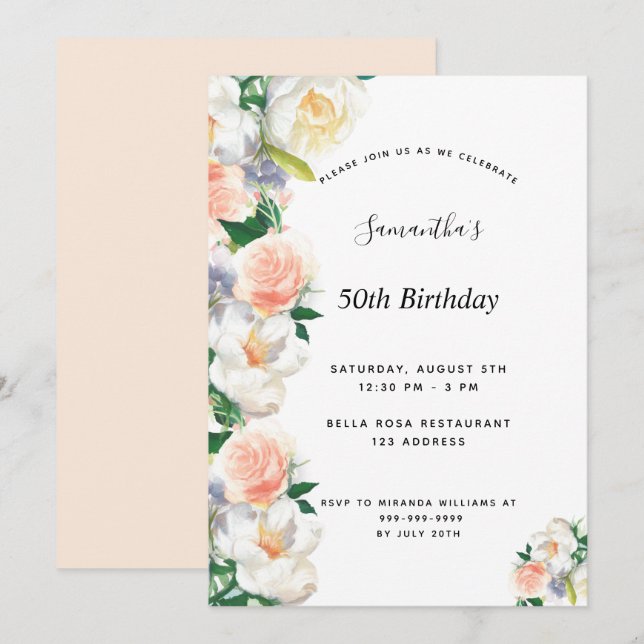 Invitación Fiesta de cumpleaños flor rosa rubor blanco (Anverso / Reverso)