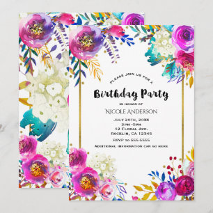 Invitación Fiesta de Cumpleaños Floral Acuarela Divertida Bri
