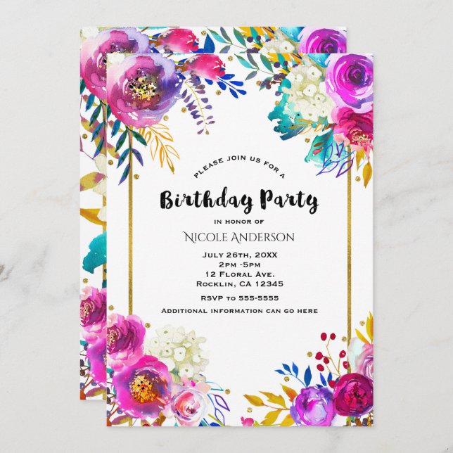 Invitación Fiesta de cumpleaños floral acuarela divertida bri (Anverso / Reverso)