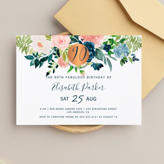 Invitación fiesta de cumpleaños floral acuarela moderna 90 (Subido por el creador)