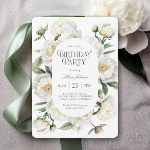 Invitación Fiesta de Cumpleaños Floral Acuarela Peonías Blanc