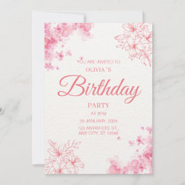 Invitación Fiesta de Cumpleaños Floral Acuarela Rosa Rubor