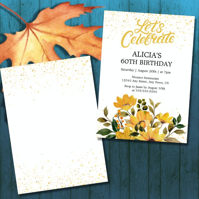 Invitación Fiesta de cumpleaños floral amarilla con Purpurina (Subido por el creador)