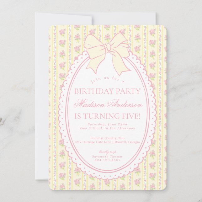 Invitación Fiesta de Cumpleaños Floral Antiguo Amarillo Paste (Anverso)
