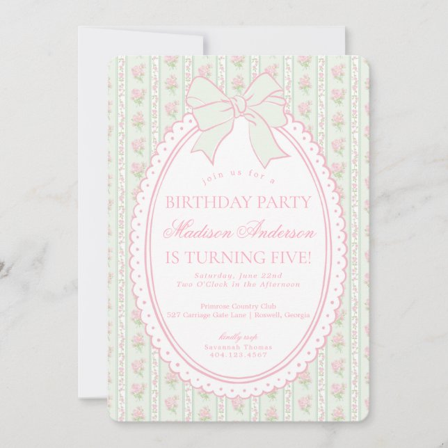 Invitación Fiesta de Cumpleaños Floral Antiguo Verde Pastel E (Anverso)