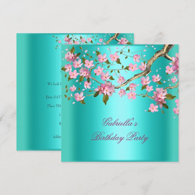 Invitación Fiesta de Cumpleaños Floral Asiática Azul Turquesa (Anverso / Reverso)