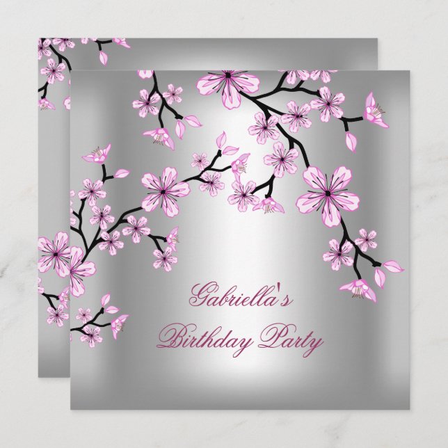 Invitación Fiesta de cumpleaños floral asiática rosada Silver (Anverso / Reverso)