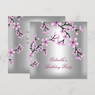 Invitación Fiesta de cumpleaños floral asiática rosada Silver
