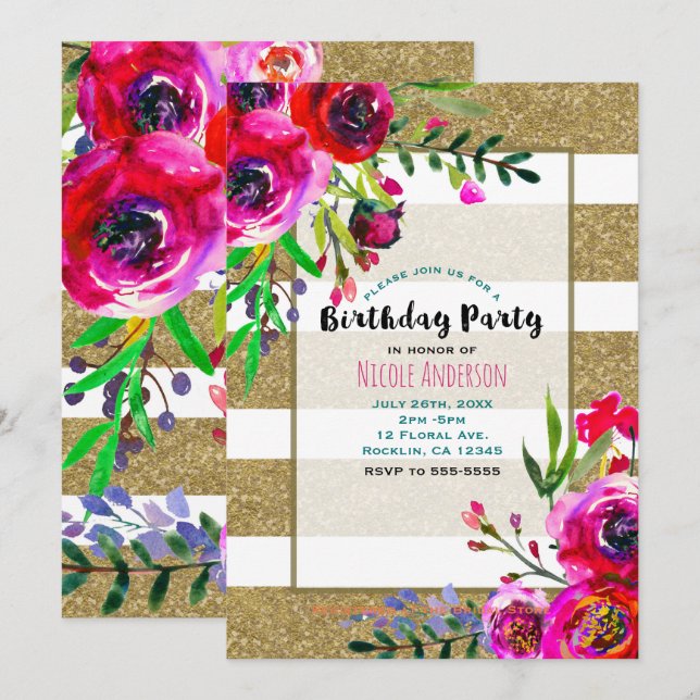 Invitación Fiesta de Cumpleaños Floral Audaz con Rayas Dorada (Anverso / Reverso)