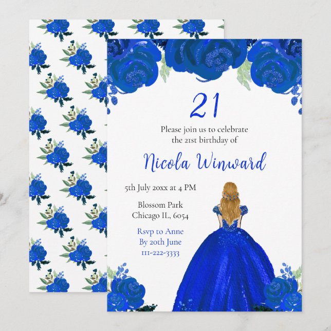 Invitación Fiesta de cumpleaños floral azul Blonde Hair Princ (Anverso / Reverso)