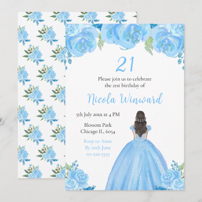Invitación Fiesta de cumpleaños floral azul de la Princesa de (Anverso / Reverso)