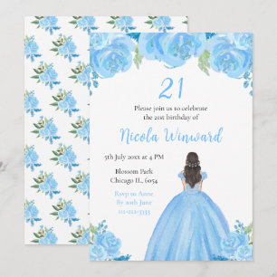 Invitación Fiesta de cumpleaños floral azul de la Princesa de