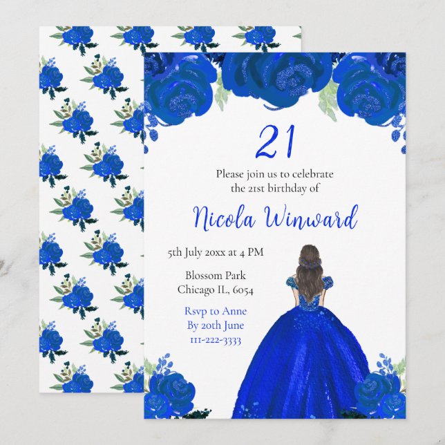 Invitación Fiesta de cumpleaños floral azul de la Princesa de (Anverso / Reverso)