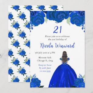 Invitación Fiesta de cumpleaños floral azul de la Princesa de