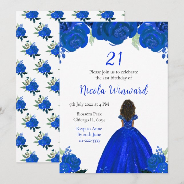 Invitación fiesta de cumpleaños floral azul de Princesa de Pi (Anverso / Reverso)