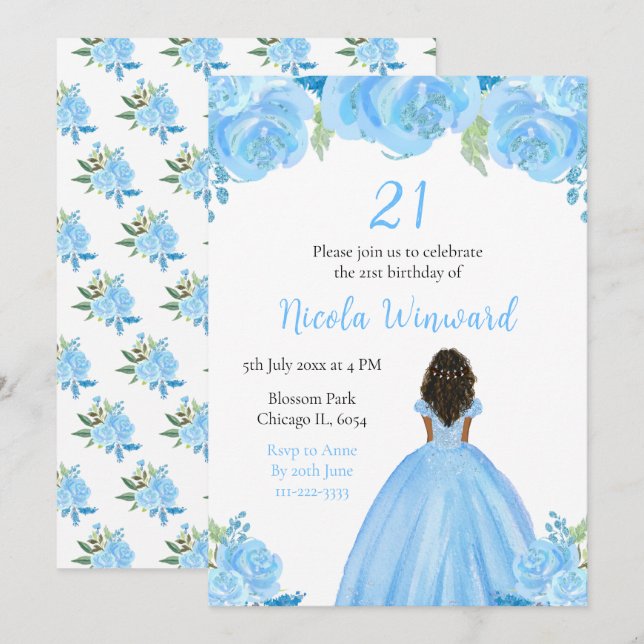 Invitación fiesta de cumpleaños floral azul de Princesa de Pi (Anverso / Reverso)