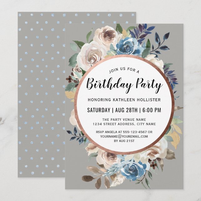 Invitación Fiesta de cumpleaños floral azul e marfileño (Anverso / Reverso)