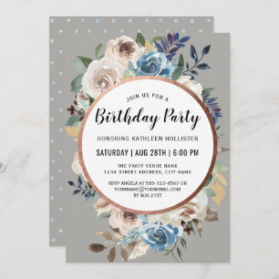 Invitación Fiesta de cumpleaños floral azul e marfileño