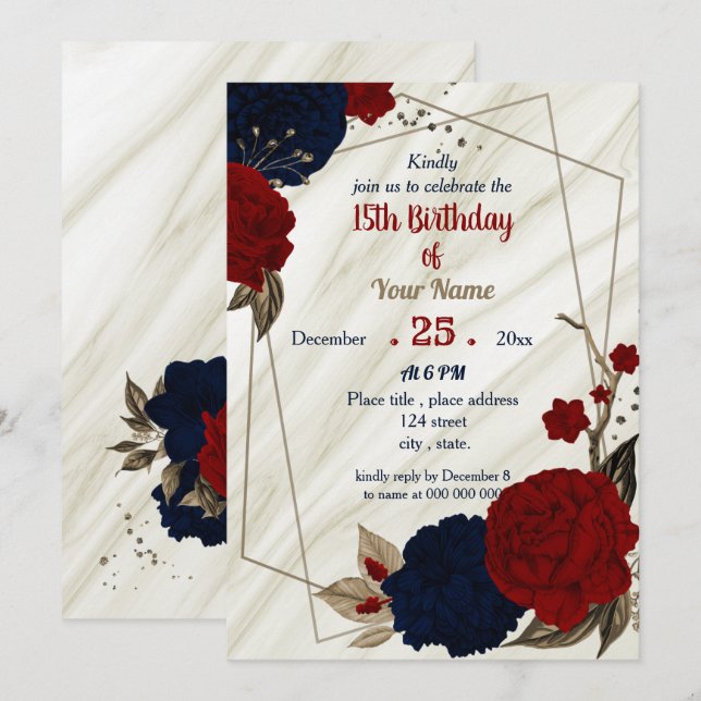 Invitación fiesta de cumpleaños floral azul marino y rojo (Anverso / Reverso)