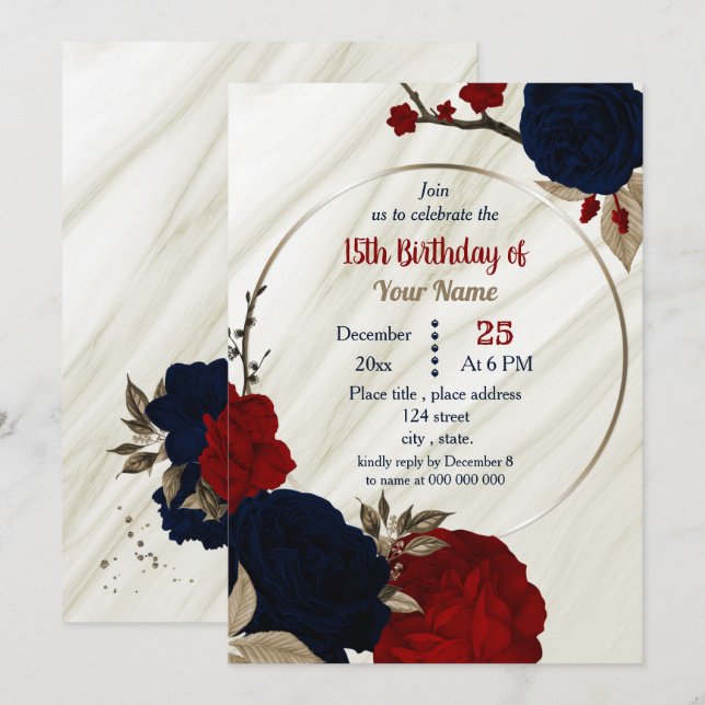 Invitación fiesta de cumpleaños floral azul marino y rojo (Anverso / Reverso)