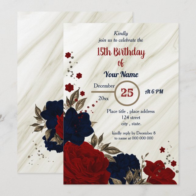 Invitación fiesta de cumpleaños floral azul marino y rojo (Anverso / Reverso)