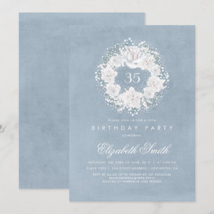 Invitación Fiesta de cumpleaños floral azul polvorienta de la