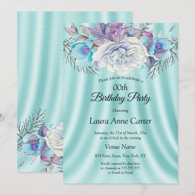 Invitación Fiesta de Cumpleaños Floral Azul Turquesa Blanco P (Anverso / Reverso)