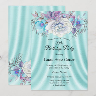 Invitación Fiesta de Cumpleaños Floral Azul Turquesa Blanco P