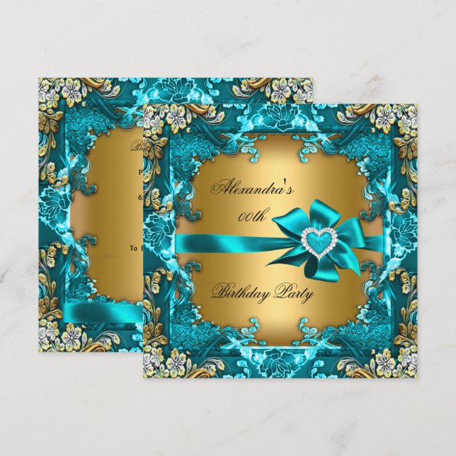 Invitación Fiesta de Cumpleaños Floral Azul Turquesa Dorado E (Anverso / Reverso)
