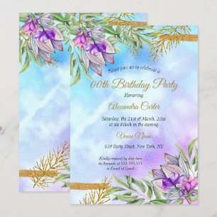 Invitación Fiesta de Cumpleaños Floral Azul Turquesa Dorado P
