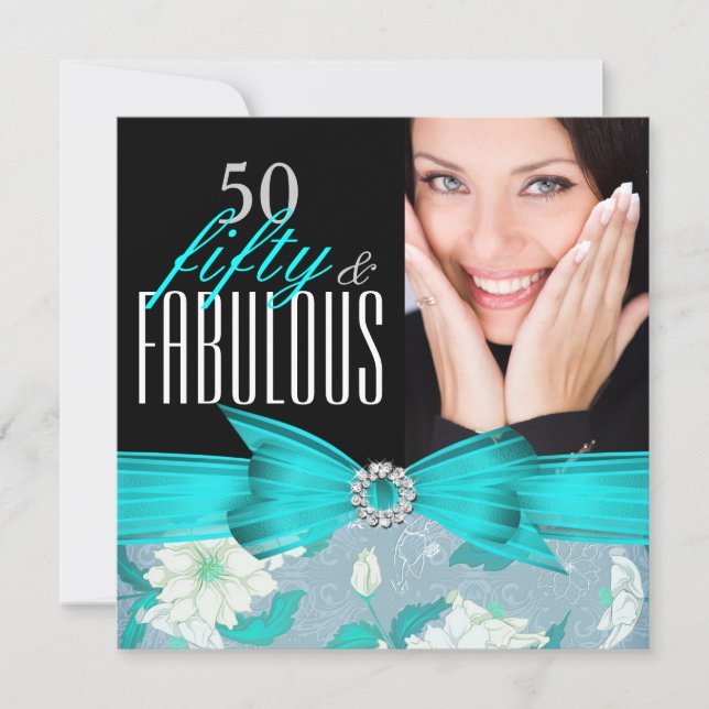 Invitación Fiesta de Cumpleaños Floral Azul Turquesa Fabuloso (Anverso)