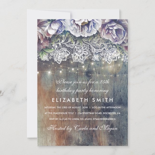 Invitación Fiesta de cumpleaños floral azul y marrón (Anverso)