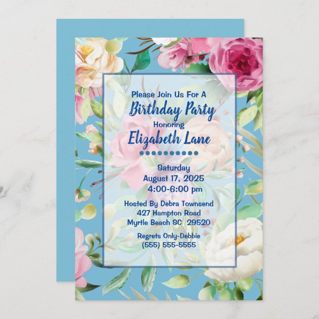 Invitación Fiesta de cumpleaños floral azul y rosa (Anverso / Reverso)