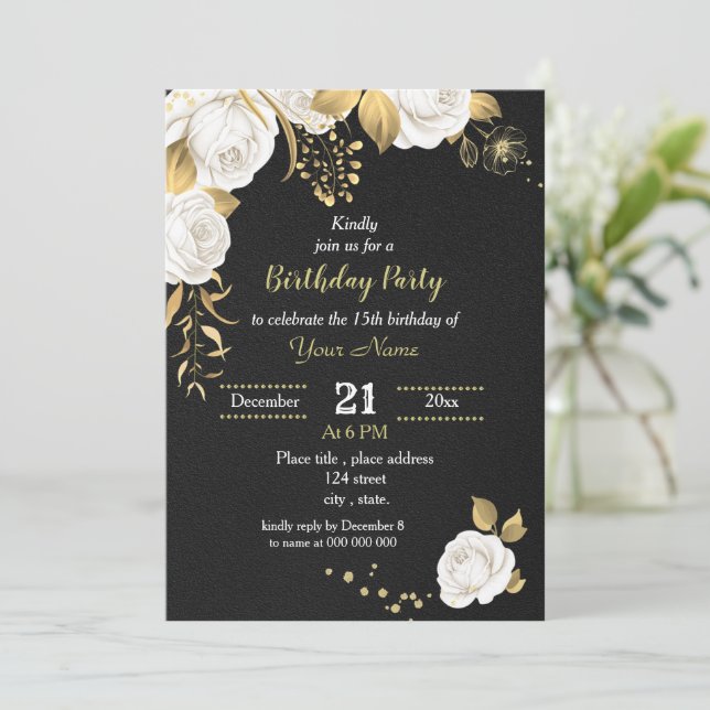 Invitación fiesta de cumpleaños floral blanca y dorada (Anverso de pie)