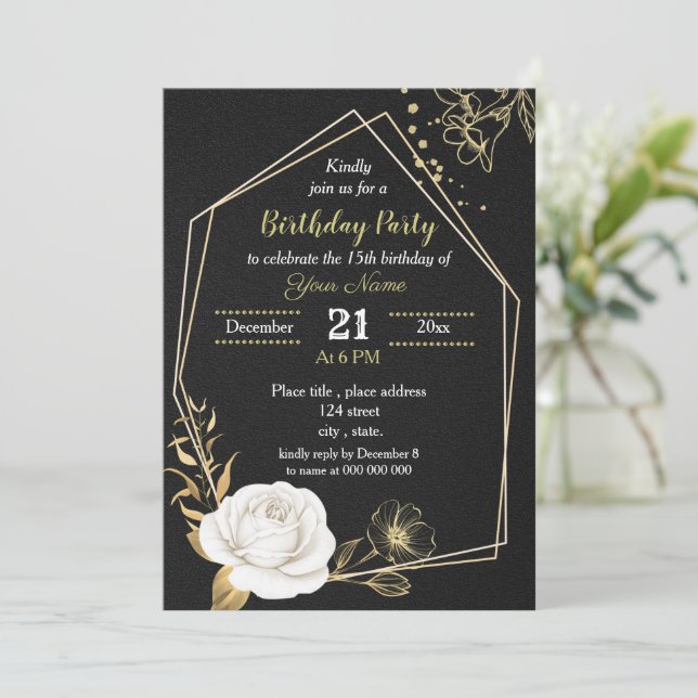 Invitación fiesta de cumpleaños floral blanca y dorada (Anverso de pie)