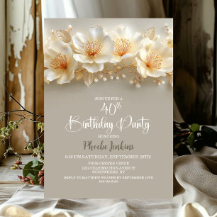 Invitación Fiesta de cumpleaños floral blanca y dorada de 40 