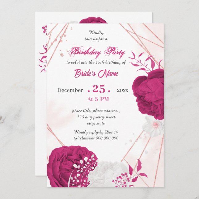 Invitación fiesta de cumpleaños floral blanca y fucsia (Anverso / Reverso)